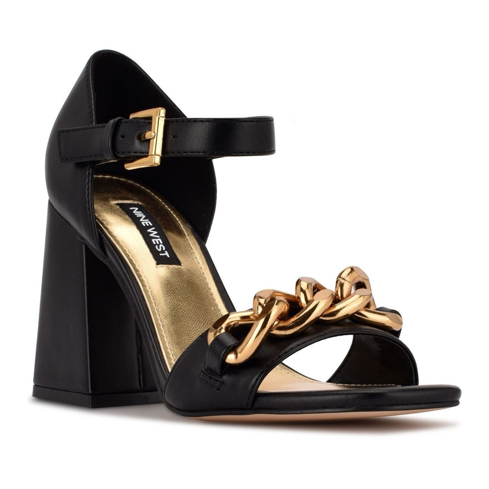 NEW Nine West Jerri Shoes!  Black Leather  Heeled Sandal With Gold Chain Detail